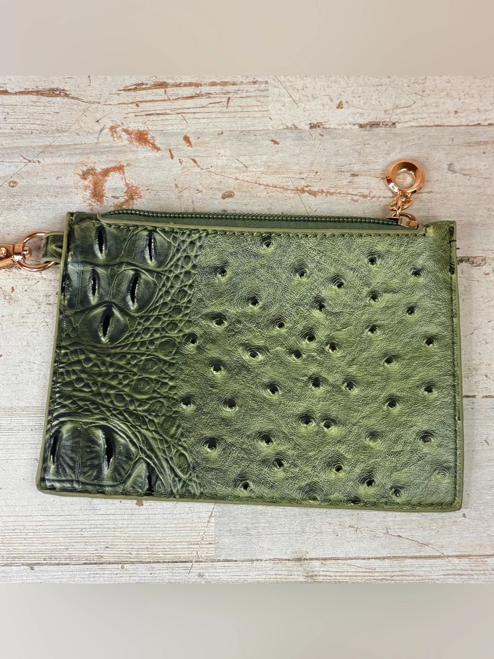 Purse Coin Card Holder Green Faux Crocodile Leather Gold Clip Zipper